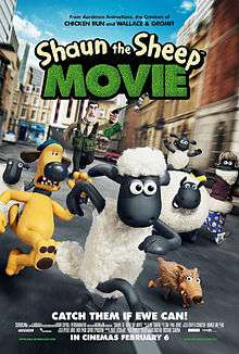 Film poster showing Shaun, Bitzer, Timmy, Slip, Shirley, and other sheep are running, and Trumper catches them.