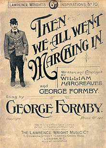 Cover of book, showing image of Formby in stage costume, and the words "We All Went Marching In"