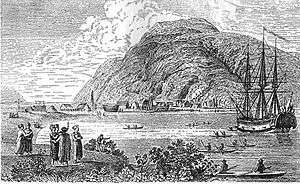 Grigory Shelikhov's settlement is depicted in this 1802 lithograph. Three Saints was founded in 1784 just across the strait from Sitkalidak Island.