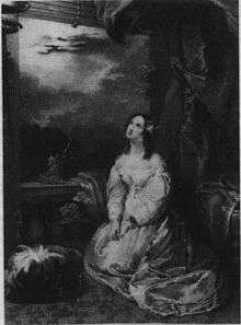 A black-and-white engraving showing a young woman kneeling down and looking up with her hands clasped. She is wearing a white dress and has dark ringlet curls. She appears to be on a balcony, with clouds in the background.