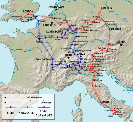 Map showing routes of Shelley's European trips. 1840 trip begins in Brighton, proceeds to Dover, crosses the Channel to Calais, proceeds south to Paris, east Metz, north to Coblenz, east to Frankfurt, south to Freiburg, south to Milan, west to Lyons, and north to Paris and Calais. 1842–43 trip begins in Southampton, proceeds to London, crosses the Channel to Antwerp, proceeds southeast to Frankfurt, northeast to Berlin, south to Prague, Salzburg, Padua, Rome, and Naples.
