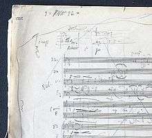A piece of paper from a musical manuscript, covered in musical notation, accompanying annotations, lines etc