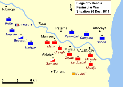 Map of the Siege of Valencia, showing positions on 26 December 1811