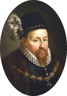 A portrait of Sigismund II Augustus, in a black hat with a white feather, a white ruff on his neck, and an ornate gold chain around his neck.