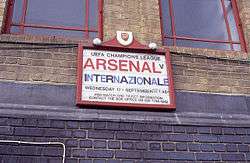 A placard advertising Arsenal's opening match in the Champions League against Inter Milan of Italy.