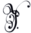 Cursive monogram or cipher P with flourishes and followed by a single dot