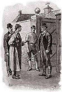 Black-and-white drawing of Sherlock Holmes and Doctor Watson confronting Silas Brown, who has Silver Blaze in his barn