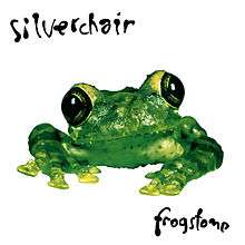 A photo of a green frog in front of a white background, with "Silverchair" written above and "Frogstomp" written below it in a handwritten-style font.