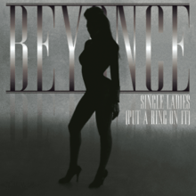 The silhouette of a woman. She is standing in front of a grayscale background and the words "Beyoncé" and "Single Ladies (Put a Ring on It)", which are written in silver capital letters.