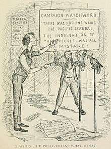 A black-and-white cartoon of a man teaching two parrots to say, "There was nothing wrong in the Pacific Scandal.  The indignation of the people was all a mistake!"