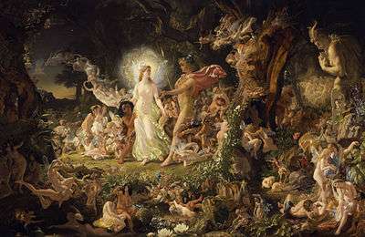 Oberon and Titania surrounded by fairies in woods