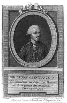 A cartouched black-and-white portrait of General Henry Clinton from the chest up in uniform