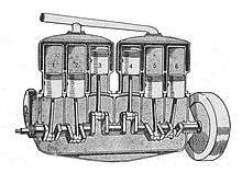 Sectioned drawing of a six-cylinder engine, showing the head and cylinders as two triplets, with monobloc water jackets.