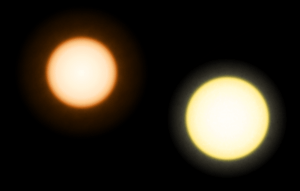 A glowing orange orb on the left half and a slightly larger glowing yellow orb on the right against a black background