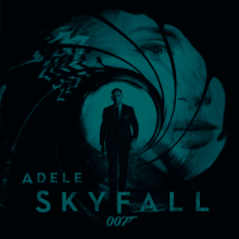 A green-tinted image of the James Bond gun barrel. Adele's face is stamped in the barrel, and Daniel Craig's Bond is coming out of the barrel towards the viewer. The text "Adele", "Skyfall" and the "007" logo are seen at the bottom of the image.
