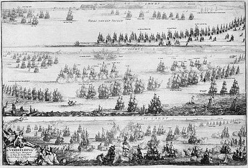 A black and white engraving showing three stages of a naval battle in horizontally arranged panels