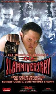 A poster featuring a red logo which says "Slammiversary" with various adult males standing in the background, which is set to resemble a cloudy sky, posing.