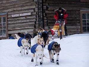 A team of dogs wearing coats and booties begins pulling a musher away from a log cabin with a plaque labeled "Slaven's Roadhouse"