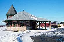 Exterior view of the Smith Falls Railway Station in winter