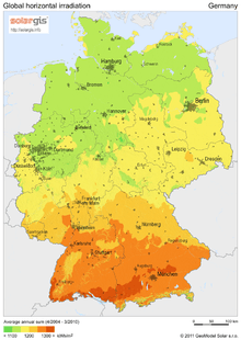 Map of average solar radiation in Germany. For most of the country annual average values are in between 1100 and 1300 kWh per square metre.