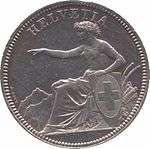 Helvetia seated, holding shield bearing the Swiss Cross, pointing left. Legend above.