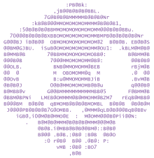 A series of purple characters create the image of a skull