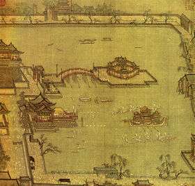 A painting of people boating in a lake. There is a small island in the centre of the lake, connected to the mainland by an arched bridge. The entire lake is surrounded by a low wall.