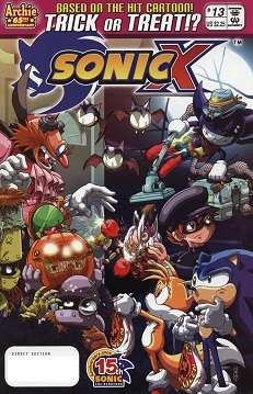On Halloween night, a cartoon hedgehog and fox and a human boy bring their bags up to a house with small bat decorations. An overweight man, two traditional-looking robots, and a third robot that flies and looks like a little imp answer the door and toss the trick-or-treaters apple-shaped explosives. Everyone is in costume. The "Sonic X" logo and a tagline, "Based on the hit cartoon! Trick or treat?!", adorn the top of the image.