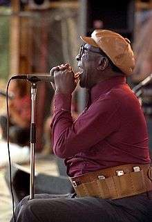 Terry seated before a microphone with harmonica