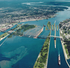 Aerial view of the St. Marys River; Whitefish Island is just to the left of the rapids