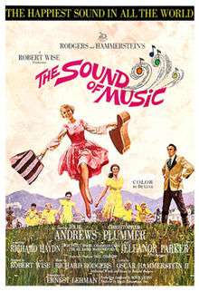 Poster with an illustration of actress Julie Andrews dancing in the mountains