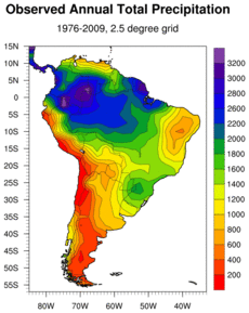 Map showing mean annual precipitation in South America in millimetres from NOAA Earth System Research Laboratory: Physical Sciences Division. Precipitation is the highest in the northeast and in the western parts of Patagonia while they are the lowest in most of western Argentina.