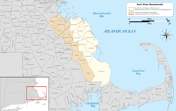 Map of the South Shore region of Massachusetts highlighted in yellow based on the region defined by the Massachusetts Office of Coastal Zone Management, with areas sometimes included in the region on other lists highlighted in light brown.