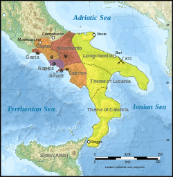 Map of southern Italy, with Byzantine provinces in yellow and Lombard principalities in other colours