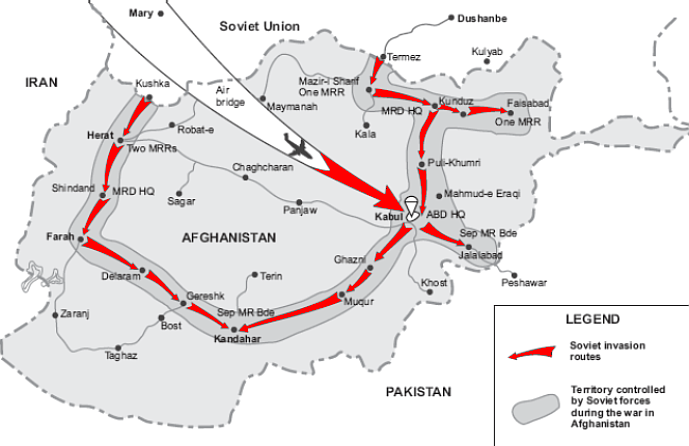 Map, showing Khabarov′s air assault battalion route, from the Soviet-Afghani border to the Salang Pass, through Mazar-i-Sharif, Kunduz, and Puli Khumri.