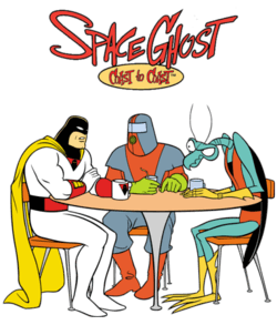 Space Ghost, Moltar, and Zorak sit around a coffee table