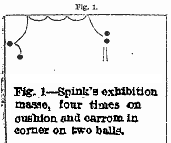 Image: A black-on-white line drawing illustrating the shot, described in detail in the caption; text below the drawing reads: "Fig. 1—Spink's exhibition masse, four times on cushion and carom in corner on two balls."
