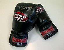 Photograph of a pair of black velcro sparring gloves, with Kombat Gear brand logos.