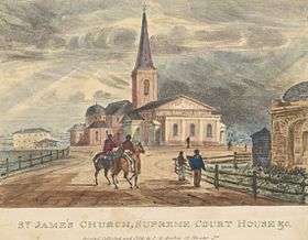 An old hand-coloured print of St. James' Church seen from the east. A dirt road, along which two men are riding, leads towards it. There are few other buildings.