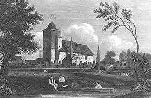 Black-and-white engraving of a church in the background, with a river flowing in the front. Two people are sitting on the bank and one is swimming. Trees frame the picture.