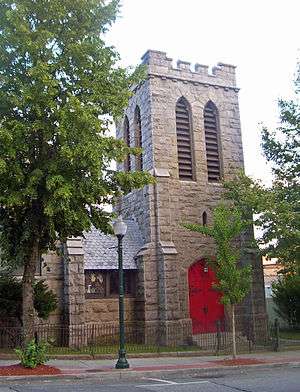 Stone tower of St. Peter's Episcopal Church, from Division Street