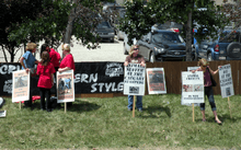 A small group of people holding signs that feature captions like "Animals suffer at the Calgary Stampede" and "Animal cruelty is not entertainment"