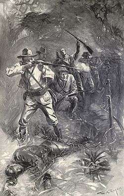 W. A. Rogers' black and white drawing of the white soldiers of the 1st Volunteer Cavalry or the Rough Riders under fire during an ambush. In the foreground is a fallen soldier, behind him is his companion returning fire with his Krag bolt-action rifle. A line of soldiers fades toward the right middle ground. The background shows the leafy trees of the jungle. As a side note, the original sketch did not have Lieutenant Colonel Teddy Roosevelt in it. Another artist with Harper's Weekly added Roosevelt's face just over the left shoulder of the soldier returning fire.