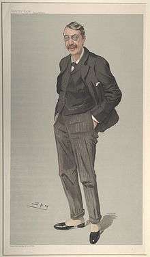 caricature of a tall, slightly stooped man, in Edwardian dress