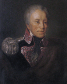 Portrait of General Mokronowski dressed in military uniform with silver epaulettes and amaranth lapels adorned with a silver wavy line, the symbol of generals rank in Polish forces.