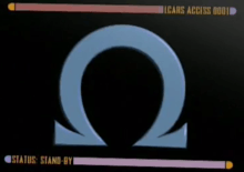 The Greek letter omega bordered on top and bottom by colored bars which contain the captions: "LCARS ACCESS 0001" and "STATUS: STAND-BY"