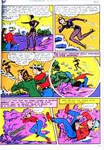 A page taken from All-Flash Comics #32, showing the Flash and a woman in a coat standing on an alien planet with a yellow sky and violet sand. They are watching a woman in a violet costume escape up a floating stairway she's made using her super powers, and she tells the two they only have two minutes to live unless a device is reached in time. Flash tries to follow her using his super speed but falls to the ground with "stunning force" because speed is reversed on this planet.