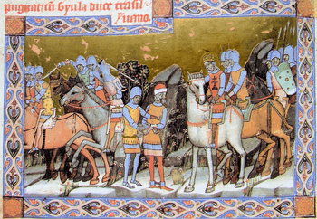 King on white horse with soldiers and horses
