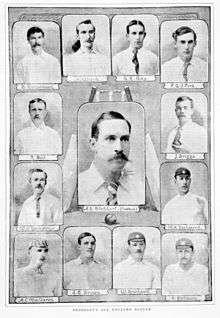 Head-shot photographs of the English cricketers arranged around an image of Stoddart in the centre