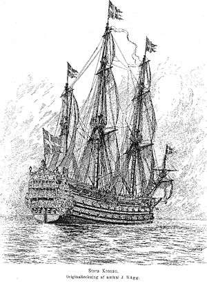 A black and white drawing of a large sailing warship seen from behind and to the right